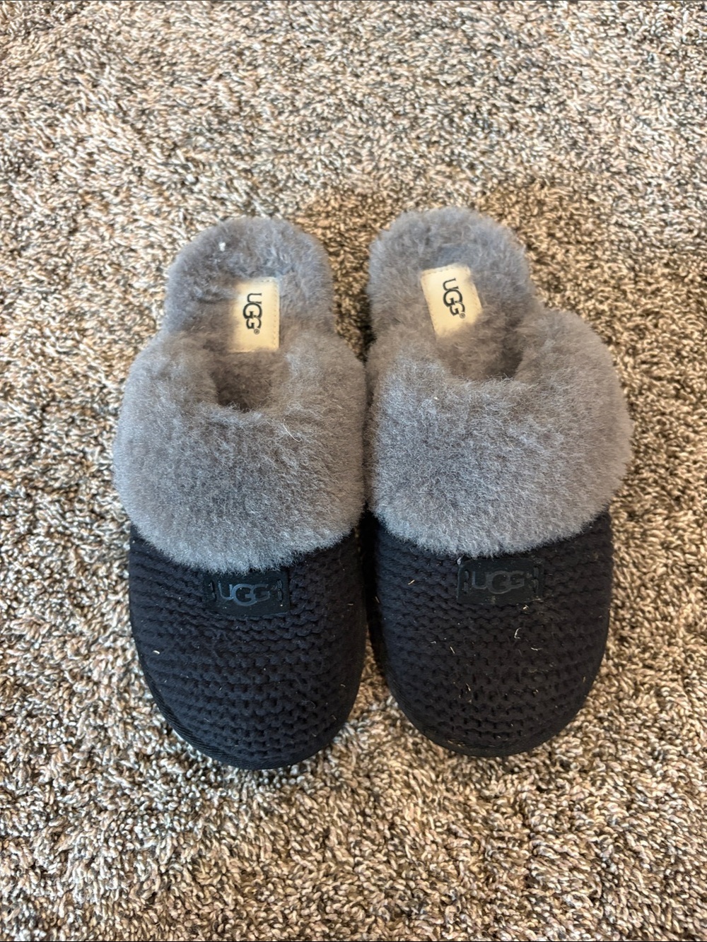 UGG Black Knit Clog Slippers with Gray Shearling Collar